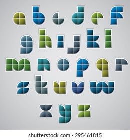 Colorful glossy geometric smooth comic font, rounded lower case letters with white outline.