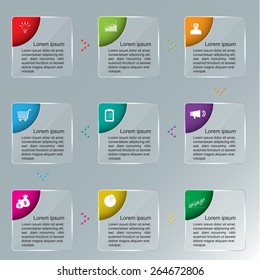 Colorful and Glossy Glass Rounded Rectangle, Business Icon and Text. Infographic Design. 9 Step sequences; Vector Illustration.