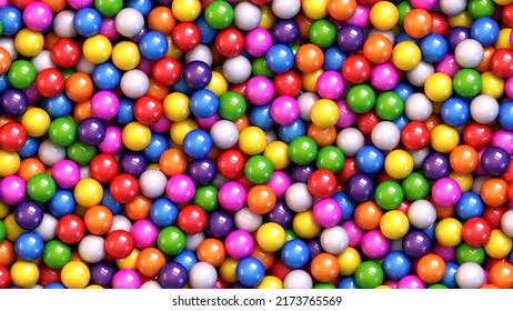 Colorful glossy gumballs background. Assorted brightly colored candy gumballs or dragees. Realistic vector background