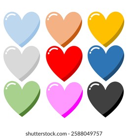 Colorful Glossy Heart Icons Set, A vibrant vector illustration of glossy heart icons in various colors. Perfect for Valentine's Day, love-themed designs, stickers, social media, and digital decoration