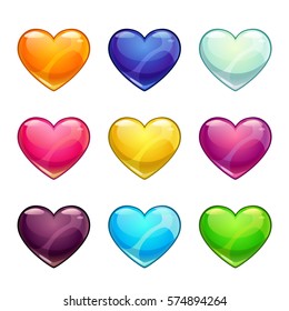 Colorful glossy hearts collection. Vector love icons set, isolated on white background.