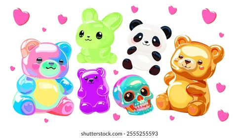 Colorful glossy jelly candies. Vector set isolated on white background. Cute bright bears, panda, rabbit and skull.