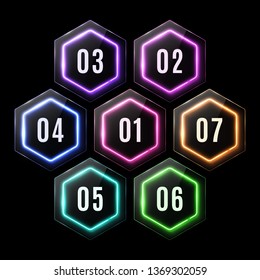 Colorful glossy plastic neon hexagon banners set. Glowing led polygon logo for business infographic. Elements for infographics template, information design. Glass texture buttons vector illustration.