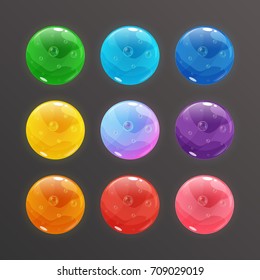 Colorful glossy spheres with bubbles inside. Vector assets for game design isolated on dark background.