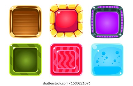 Colorful Glossy Squares Set, Shiny Buttons, Game User Interface Assets Vector Illustration