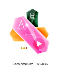 Colorful glossy stripes arrows. Business infographics with sample options, slogan and buttons
