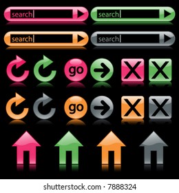 Colorful glossy web buttons reflected on black, including search bar and home buttons