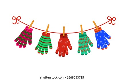 Colorful gloves hanging on clothesline. Merry Christmas, winter holidays concept. Vector illustration in flat style.