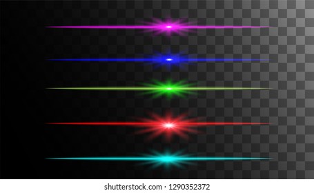 colorful glow light effects. Vector star burst or neon laser glow light . horizontal gleaming line flash effect on transparent. Decorative colorful highlight design detail for text ads and title