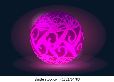 A colorful glowing ball with an inner abstract pattern. 3d vector illustration isolated on dark background.