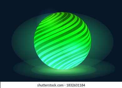 A colorful glowing ball with an inner striped pattern. 3d vector illustration isolated on dark background.