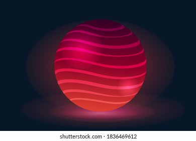 Colorful glowing ball with a red striped pattern inside. 3d vector illustration isolated on dark background.