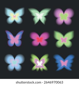 Borboletas brilhantes e coloridas sobre um fundo escuro. Borboletas neon em várias cores. Borboletas brilhantes e vibrantes criam um efeito luminoso e encantador. Vetor de conjunto de elementos brilhante bonito.