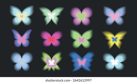 Colorful glowing butterflies in various shapes and hues on a dark background. Bright, vibrant butterflies create a luminous, magical effect. Butterflies in neon colors. Cute glowing element set vector