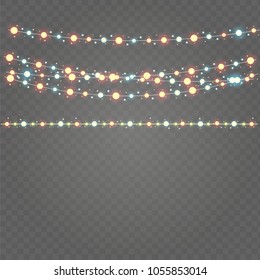 Colorful glowing christmas lights border on transparent background.  Vector Illusteration.