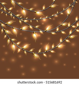 Colorful Glowing Christmas Lights.Vector backdrop for new Year. Holiday Illustration, luminous electric garland, shiny light bulbs and wire decoration.