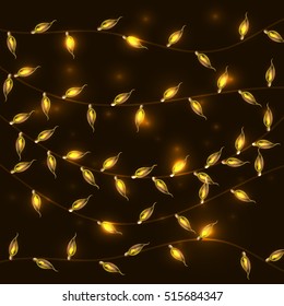 Colorful Glowing Christmas Lights.Vector backdrop for new Year. Holiday Illustration, luminous electric garland, shiny light bulbs and wire decoration.