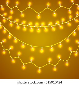 Colorful Glowing Christmas Lights.Vector backdrop for new Year. Holiday Illustration, luminous electric garland, shiny light bulbs and wire decoration.