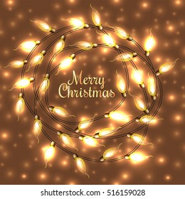 Colorful Glowing Christmas Lights.Vector elements can be used as backdrop for new Year decoration. Holiday Illustration, luminous electric garland, shiny light bulbs and wire.