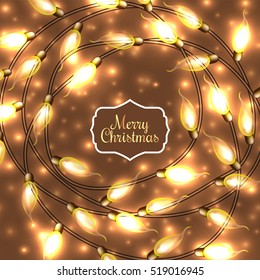 Colorful Glowing Christmas Lights.Vector elements can be used as backdrop for new Year decoration. Holiday Illustration, luminous electric garland, shiny light bulbs and wire.