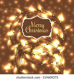 Colorful Glowing Christmas Lights.Vector elements can be used as backdrop for new Year decoration. Holiday Illustration, luminous electric garland, shiny light bulbs and wire.