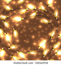 Colorful Glowing Christmas Lights.Vector elements can be used as backdrop for new Year decoration. Holiday Illustration, luminous electric garland, shiny light bulbs and wire.
