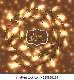 Colorful Glowing Christmas Lights.Vector elements can be used as backdrop for new Year decoration. Holiday Illustration, luminous electric garland, shiny light bulbs and wire.