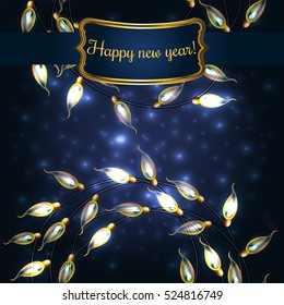 Colorful Glowing Christmas Lights.Vector elements can be used as backdrop for new Year decoration. Holiday Illustration, luminous electric garland, shiny light bulbs and wire.