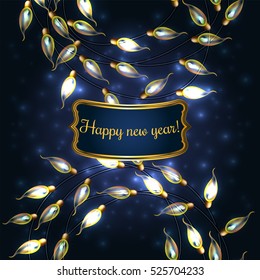 Colorful Glowing Christmas Lights.Vector elements can be used as backdrop for new Year decoration. Holiday Illustration, luminous electric garland, shiny light bulbs and wire.