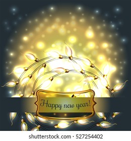 Colorful Glowing Christmas Lights.Vector elements can be used as backdrop for new Year decoration. Holiday Illustration, luminous electric garland, shiny light bulbs and wire.
