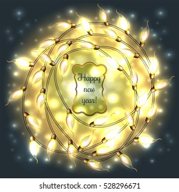 Colorful Glowing Christmas Lights.Vector elements can be used as backdrop for new Year decoration. Holiday Illustration, luminous electric garland, shiny light bulbs and wire.