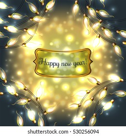 Colorful Glowing Christmas Lights.Vector elements can be used as backdrop for new Year decoration. Holiday Illustration, luminous electric garland, shiny light bulbs and wire.