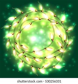 Colorful Glowing Christmas Lights.Vector elements can be used as backdrop for new Year decoration. Holiday Illustration, luminous electric garland, shiny light bulbs and wire.