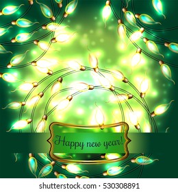 Colorful Glowing Christmas Lights.Vector elements can be used as backdrop for new Year decoration. Holiday Illustration, luminous electric garland, shiny light bulbs and wire.
