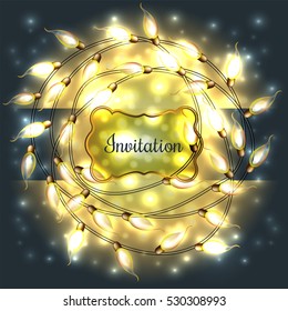 Colorful Glowing Christmas Lights.Vector elements can be used as backdrop for new Year decoration. Holiday Illustration, luminous electric garland, shiny light bulbs and wire.