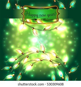 Colorful Glowing Christmas Lights.Vector elements can be used as backdrop for new Year decoration. Holiday Illustration, luminous electric garland, shiny light bulbs and wire.