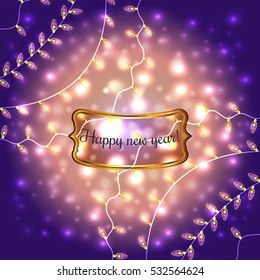 Colorful Glowing Christmas Lights.Vector elements can be used as backdrop for new Year decoration. Holiday Illustration, luminous electric garland, shiny light bulbs and wire.