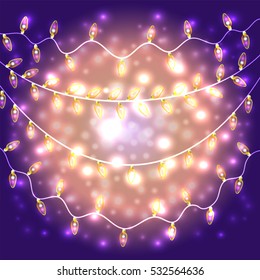 Colorful Glowing Christmas Lights.Vector elements can be used as backdrop for new Year decoration. Holiday Illustration, luminous electric garland, shiny light bulbs and wire.