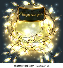 Colorful Glowing Christmas Lights.Vector elements can be used as backdrop for new Year decoration. Holiday Illustration, luminous electric garland, shiny light bulbs and wire.