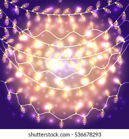 Colorful Glowing Christmas Lights.Vector elements can be used as backdrop for new Year decoration. Holiday Illustration, luminous electric garland, shiny light bulbs and wire.