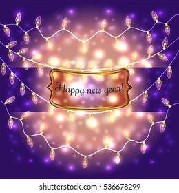 Colorful Glowing Christmas Lights.Vector elements can be used as backdrop for new Year decoration. Holiday Illustration, luminous electric garland, shiny light bulbs and wire.