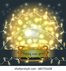 Colorful Glowing Christmas Lights.Vector elements can be used as backdrop for new Year decoration. Holiday Illustration, luminous electric garland, shiny light bulbs and wire.