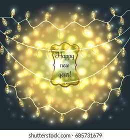 Colorful Glowing Christmas Lights.Vector elements can be used as backdrop for new Year decoration. Holiday Illustration, luminous electric garland, shiny light bulbs and wire.