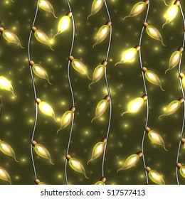 Colorful Glowing Christmas Lights.Vector seamless pattern can be used as backdrop for new Year decoration. Holiday Illustration, luminous electric garland, shiny light bulbs and wire.