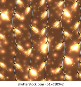 Colorful Glowing Christmas Lights.Vector seamless pattern can be used as backdrop for new Year decoration. Holiday Illustration, luminous electric garland, shiny light bulbs and wire.