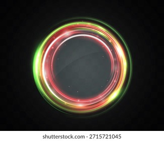 Colorido anillo de luz circular brillante con rastros de neón rojo y verde, efecto de vórtice de energía abstracta sobre fondo transparente oscuro.