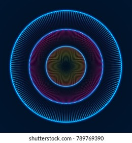 Colorful glowing concentric circles of dots. Abstract vector background