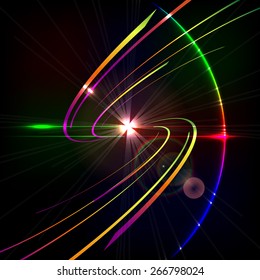 Colorful glowing curves in space, design technology trendy background. Vector illustration.