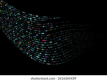 Colorful glowing dots forming dynamic wave pattern on black background. Abstract vector digital flow