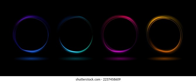Olas dinámicas de colores brillantes en forma de círculo con reflexión aislada sobre fondo negro. Ilustración vector abstracta de marcos redondos de neón. Luminoso portal. Freezelight